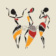 three african women dancing with their hands in each other's pockets, one wearing an orange and black dress