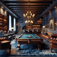 Immerse yourself in a plush gentleman's haven, complete with a grand mahogany pool table, vintage books, a luxe bar, and cozy leather seating. An antique chandelier illuminates the navy brick walls, while a hi-tech theater system entertains.
#LuxuryLifestyle #ManCave #HomeDesign #InteriorDesign #HomeTheater #VintageDecor Floor Pattern Design, Modern Man Cave, Whiskey Lounge, Custom Sliding Doors, Underground Bar, Male Aesthetic, Pool Table Room, Whiskey Room, Home Bar Rooms