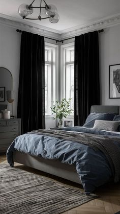 Elevate your bedroom decor with the timeless charm of dark grey curtains. These versatile curtains blend seamlessly with various color palettes and decor styles, adding depth and elegance to your personal sanctuary. Dark Blue Curtains, Dark Grey Curtains, Curtains To Go, Grey Bed Frame, Blue Curtains, Grey Curtains, Elegant Bedroom, Blue Bedding