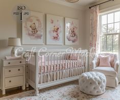 a baby's room with pink and white decor, including a teddy bear print on the wall