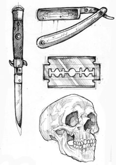 a pencil drawing of different types of knives and skull head with one knife on it's side