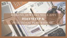 a desk with pens, notebooks and other items on it that says hobonic week mega 2021