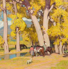 a painting of people riding horses in the woods