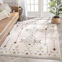 a living room area with a couch, rug and potted plant on the floor