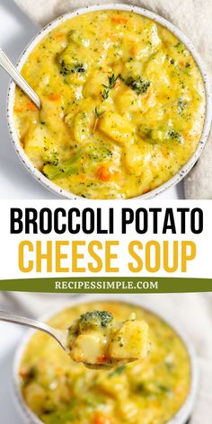 broccoli potato cheese soup in a white bowl