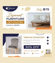 two coupons for furniture sale with an image of a couch and chair in the background