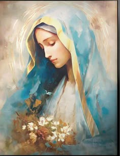 a painting of the virgin mary holding flowers in her hands and wearing a blue shawl