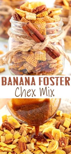 a glass jar filled with banana fosterer chex mix