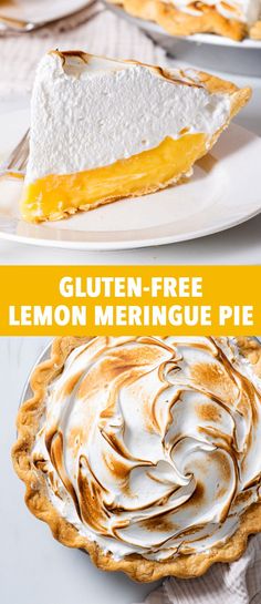 three different types of pies on plates with the words gluten - free lemon meringue pie