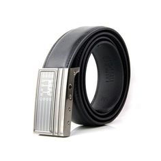 a black leather belt with a metal buckle