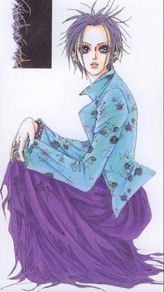 a drawing of a woman with purple hair sitting on the ground wearing a blue shirt