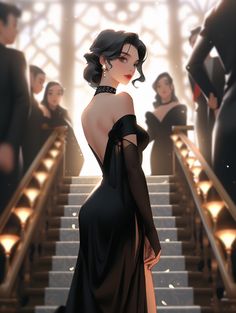 a woman in a black dress is standing on some stairs with other people behind her