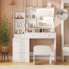 a room with a desk, mirror and shelves filled with personal care items in it