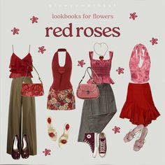 #ootd #red #roses #fashion #styleguide Rose Outfit Aesthetic, 90 Outfits Ideas, Cherry Clothes, Date Clothes, Flowers Outfit