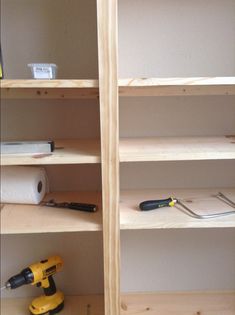 some shelves with tools and construction supplies on them