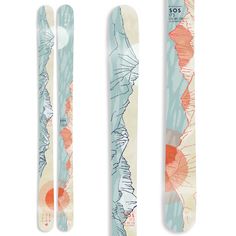 three skis with different designs on them, one is blue and the other is orange