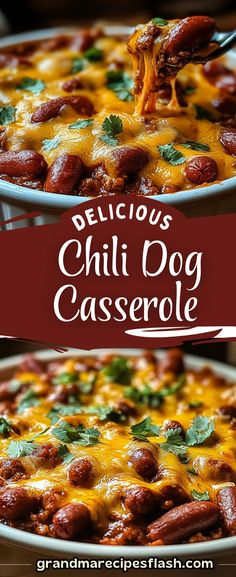 delicious chili dog casserole with cheese and green garnish on the side