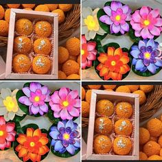 four different pictures of oranges with flowers in the middle and on the outside,