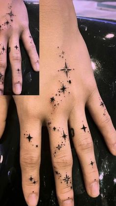 hand tat Get Back Up Tattoo, Color Collar Bone Tattoo, Spooky Filler Tattoo Ideas, Blending Tattoos Together, Finger Tattoo Aesthetic, Celestial Hand Tattoo, Star Tattoo Sleeve, Tattoo Ideas Space, Star Filler Tattoos