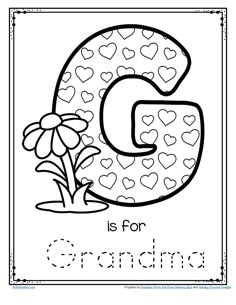 the letter g is for grandma coloring page with hearts and flowers on it in black and white