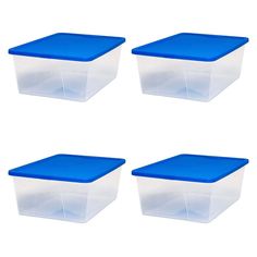 four plastic storage containers with blue lids