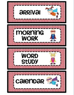 three red and white labels with words that say arrival, morning work, word study