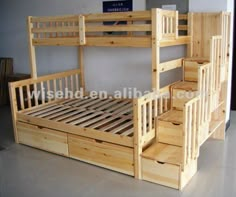 wooden bunk bed with stairs and drawers