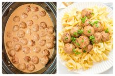 two pictures one with meatballs and the other with pasta