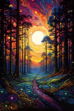 Psychedelic Forest Forest Mural, Sky Art Painting, Trippy Designs, Cool Optical Illusions, Scenic Wallpaper