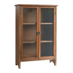 a wooden cabinet with glass doors on the front