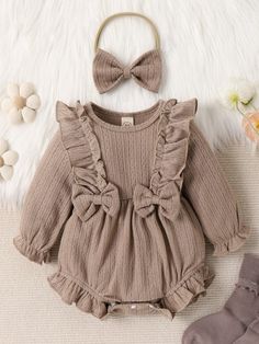 Baby Girl Ruffle Trim Flare Sleeve Bow Front Bodysuit & Headband Coffee Brown   Long Sleeve Fabric Plain  Medium Stretch Spring/Fall,Winter Baby Girls Clothing, size features are:Bust: ,Length: ,Sleeve Length: Disney Baby Clothes, Winter Newborn, Infant Baby Girl, Baby Fits, Striped Bodysuit, Color Coffee