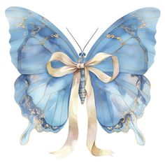 a watercolor painting of a blue butterfly with gold accents on its wings and tail