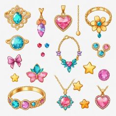 a bunch of jewelry that is on a white surface with stars and hearts in the middle