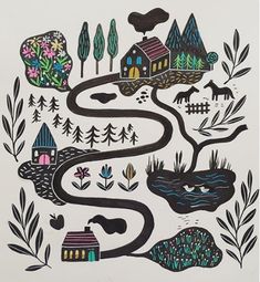 a drawing with houses and trees in the middle, surrounded by plants and animals on white paper