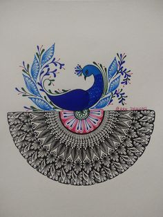 a drawing of a blue bird sitting on top of a piece of paper