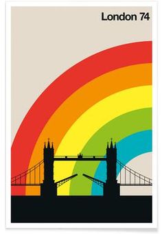 a poster with the london bridge and rainbow in the background