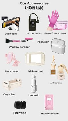 the contents of an assortment of items that are labeled in pink and white, including hand sanitizers