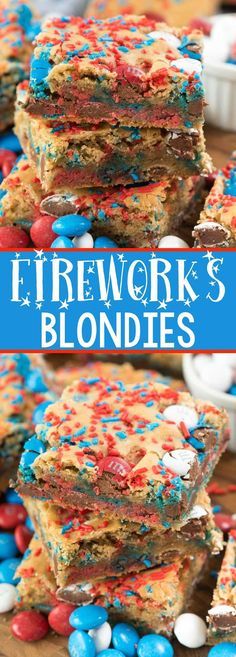 fireworks blondies are stacked on top of each other with candy and sprinkles