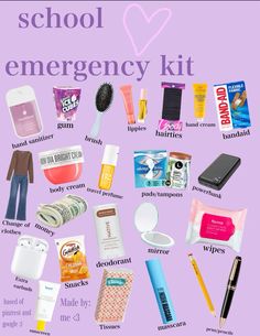 an image of school emergency kit items on a purple background with the words back to school