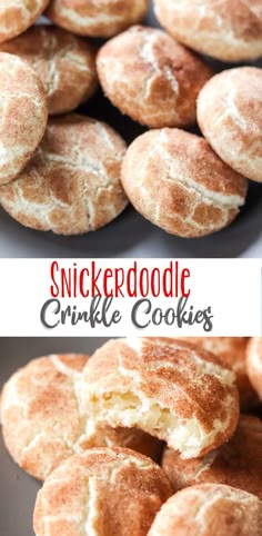 a pile of cookies that have been cut in half with the words, snickkerdoodle crinkle cookies