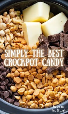 a crockpot filled with chocolate, nuts and butter for the best crockpot candy recipe