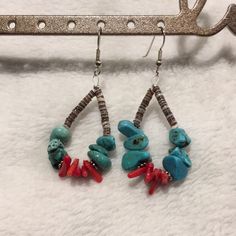 Handmade Southwest Style Earrings Using Genuine Turquoise, Coral And Heishi Shell Beads Strung On Sterling Silver Plated Hooks. These Earrings Are Lightweight Southwestern Style Beach Jewelry With Dangling Beads, Turquoise Beaded Southwestern Earrings, Southwestern Turquoise Earrings With Colorful Beads, Southwestern Turquoise Earrings With Dangling Beads, Turquoise Teardrop Beaded Earrings As Gift, Turquoise Teardrop Beaded Earrings For Gifts, Artisan Turquoise Earrings For Beach, Southwestern Turquoise Earrings With Natural Stones, Turquoise Southwestern Earrings With Natural Stones