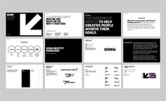 several black and white brochures are arranged on a gray background, including one with an arrow in the middle