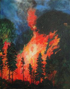 an oil painting of a fire burning in the forest with trees on it's sides