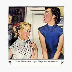 an old advertisement from the 1950's shows a woman brushing her teeth while another woman looks on