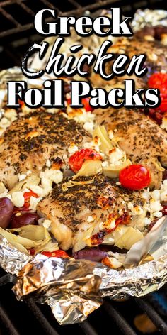 the chicken foil packs are ready to be cooked on the bbq grill with tomatoes and onions