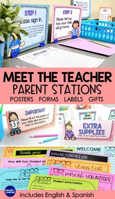 the teacher station is filled with posters and labels