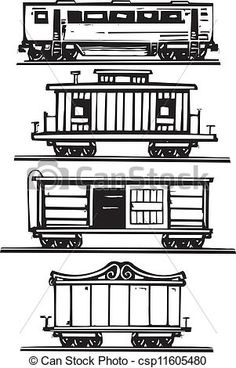 four different types of train cars in black and white, each with their own name