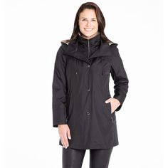 This stylish women's short trench rain coat from Fleet Street is sure to quickly become a favorite in your closet. Long sleeves Water-resistant shell Sateen fabric construction Removable hood 4 exterior pockets Snap & zipper front Removable inner liner 1 interior pocket Princess seam detailsFIT & SIZING Designed to hit above the knees 31-in. approximate length from center back to hem LightweightFABRIC & CARE Imported Machine wash - Delicate Shell & lining: polyester Liner top: ac Black Rain Coat, New York Rain, Pocket Princess, Black Rain, Fleet Street, Coat With Hood, Plus Size Outerwear, Marc New York, Rain Coat