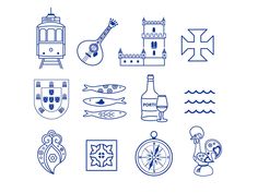 a collection of blue and white icons on a white background, including an image of a castle